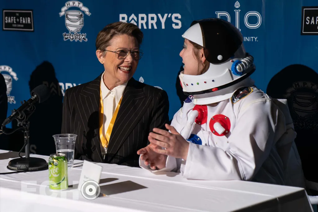 Annette Bening answering questions during a Hasty Pudding Press Conference for Women of the Year