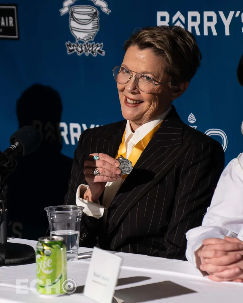 Annette Bening answering questions during a Hasty Pudding Press Conference for Women of the Year