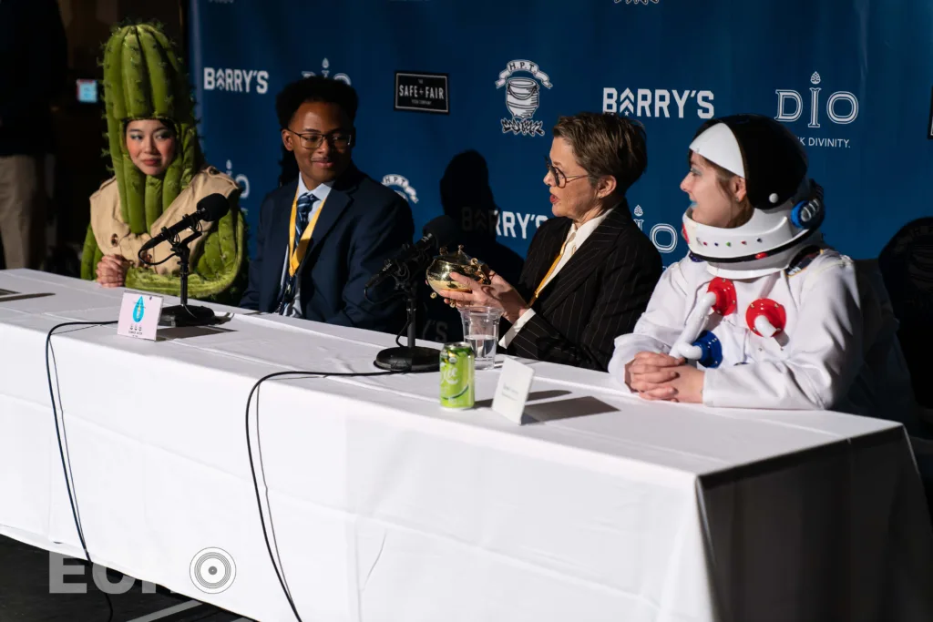 Annette Bening answering questions during a Hasty Pudding Press Conference for Women of the Year