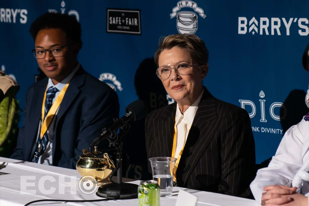 Annette Bening answering questions during a Hasty Pudding Press Conference for Women of the Year