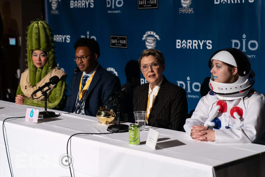 Annette Bening answering questions during a Hasty Pudding Press Conference for Women of the Year